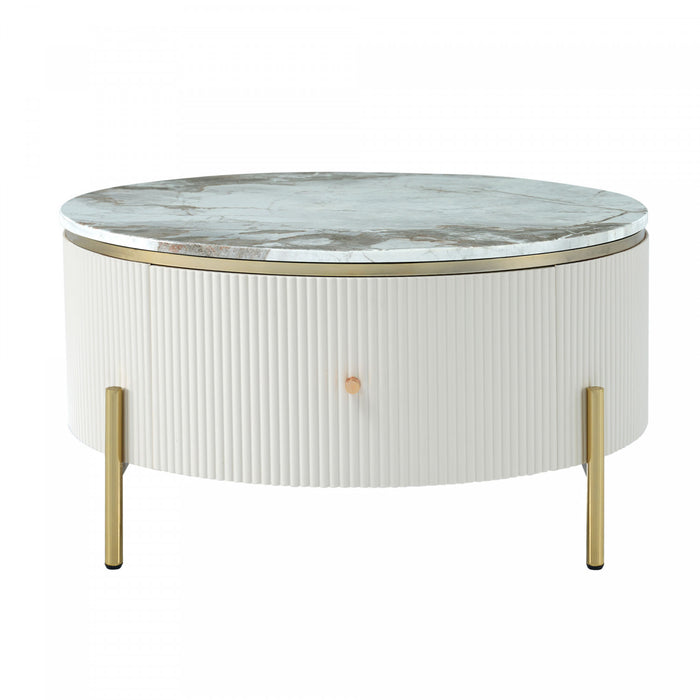 Table Basse Ronde Moderne Nelson De 31,5\" Avec 2 Tiroirs De Rangement, Blanc Casse