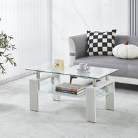 Table basse moderne Lucius au design geometrique en verre trempe avec cadre en metal et verre transparent, blanc