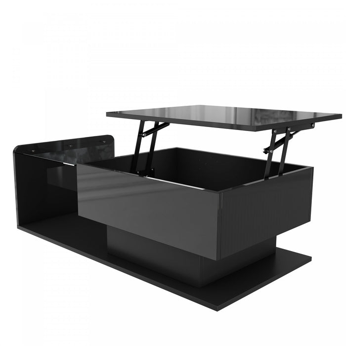 Table Basse Moderne Jonson A Plateau Relevable Avec Eclairage Led, Noir Laque Brillant