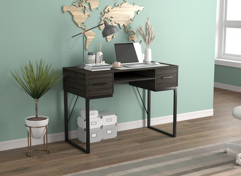 Bureau d’ordinateur de 43 po avec 2 tiroirs et 1 tablette - gris foncé avec base en métal noir
