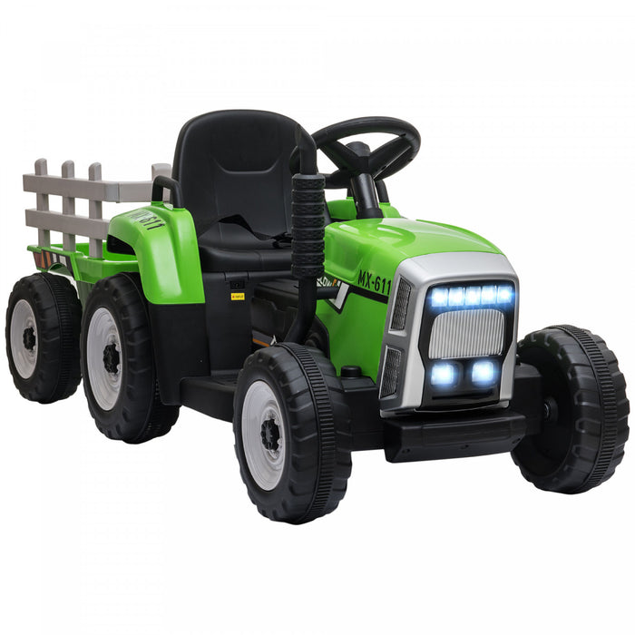 Aosom Tracteur Pour Enfants 12 V Avec Remorque, Tracteur Electrique Alimente Par Batterie Avec Telecommande, Son De Demarrage Musical Et Klaxon, Usb, Lumieres Led, Vert