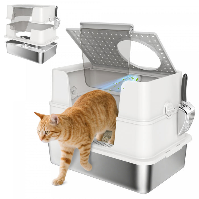 Xl Stainless Steel Litter Box W/ 100° Flip Top For Big Cats