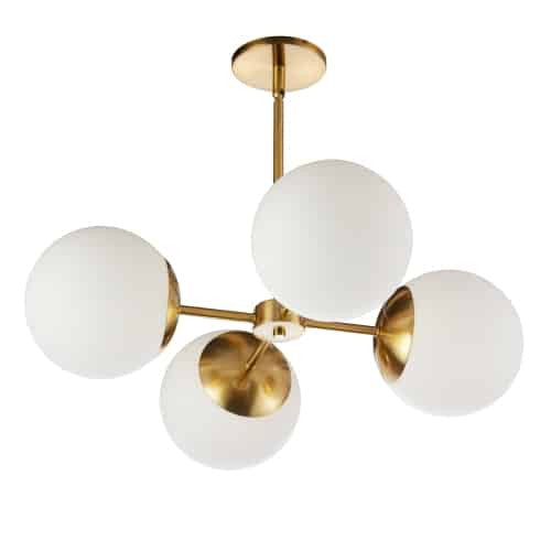 Lustre Dayana de Dainolite en verre blanc, avec fini laiton vieilli et 4 ampoules