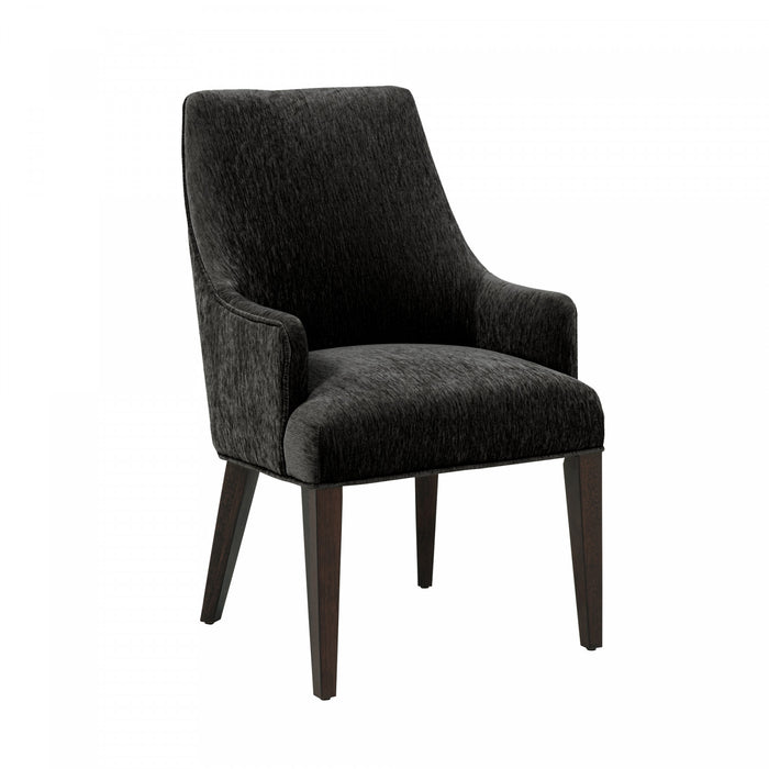 Fauteuil moderne Beever en chenille avec accoudoirs en bois, coloris noir