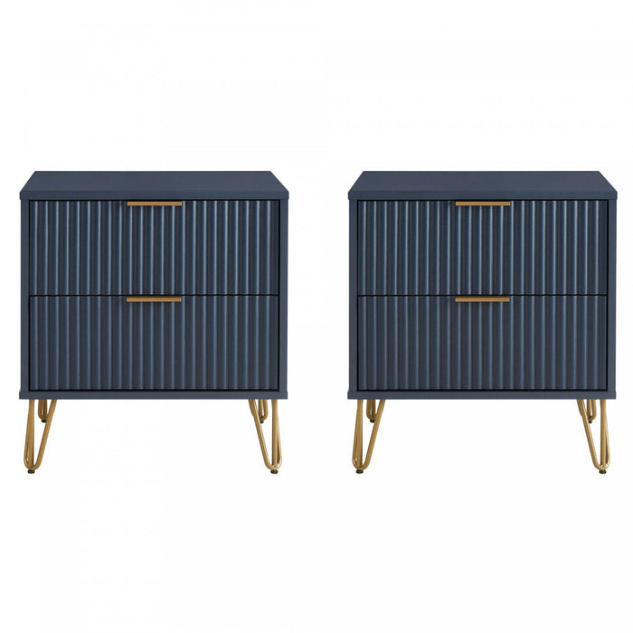 Table de nuit moderne Dumbo 20\" a cannelures, bleu minuit (2 tiroirs) – Lot de 2