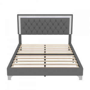 Ensemble De Chambre Sophia 3 Pieces Avec Tete De Lit Capitonnee En Velours, Lit Tapisse Et Eclairage Led, Taille Queen, Gris