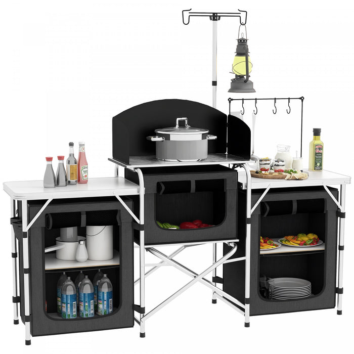 Outsunny Cuisine de camping pliante avec armoires en tissu pare-brise, noir