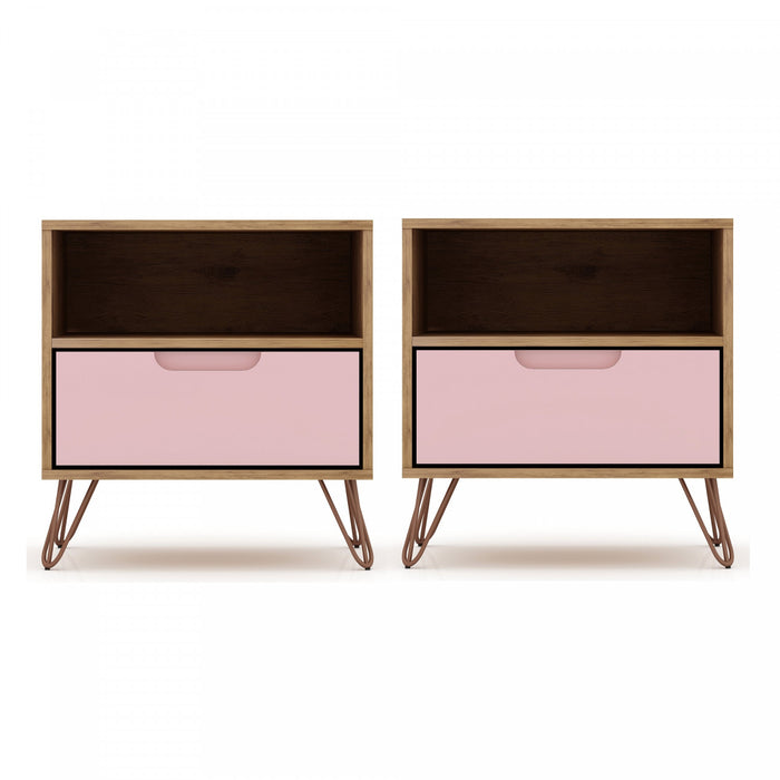 Table de nuit Rockefeller Mid-Century Modern 20\" en rose (1 tiroir) - Lot de 2