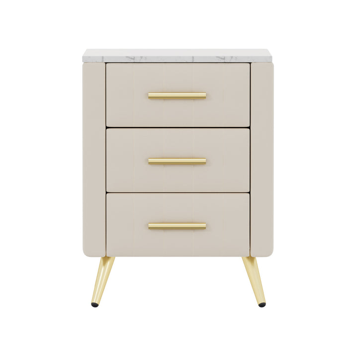 Table de chevet Dylan en bois rembourre avec 3 tiroirs et pieds en metal, beige