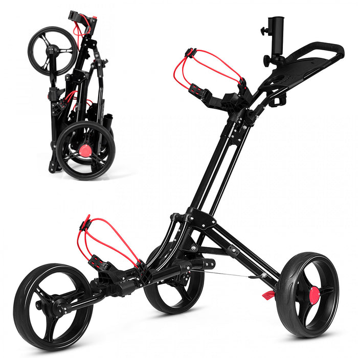 Caddie De Golf Pliable 3 Roues En Acier A Pousser Ou Tirer Avec Porte-parapluie