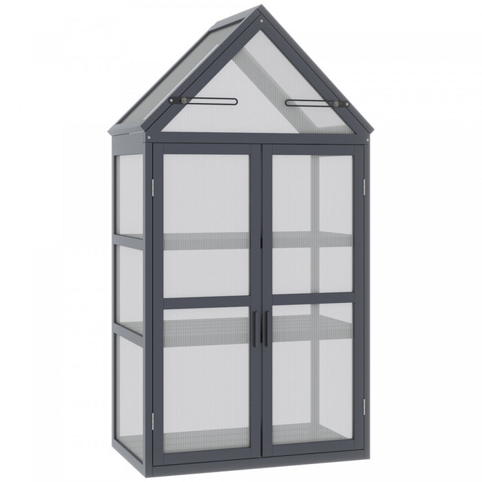 Outsunny Mini Serre De Jardin Jardiniere Surelevee Portable En Bois Avec Etageres A 3 Niveaux, Dessus Ouvrable Et Doubles Portes Exterieur Et Interieur 27.75\"l X 16.5\"l X 52\"h, Gris