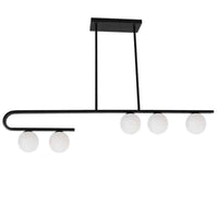 Luminaire suspendu horizontal Atlas de Dainolite en verre blanc, avec fini noir mat et 5 ampoules
