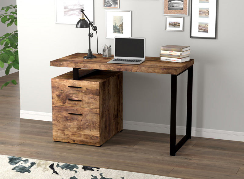 Bureau d’ordinateur de 47 po avec 3 tiroirs - bois recyclé brun avec base en métal argenté