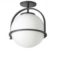 Plafonnier semi-affleuré Paola de Dainolite en verre blanc opale, avec fini noir mat et 1 ampoule