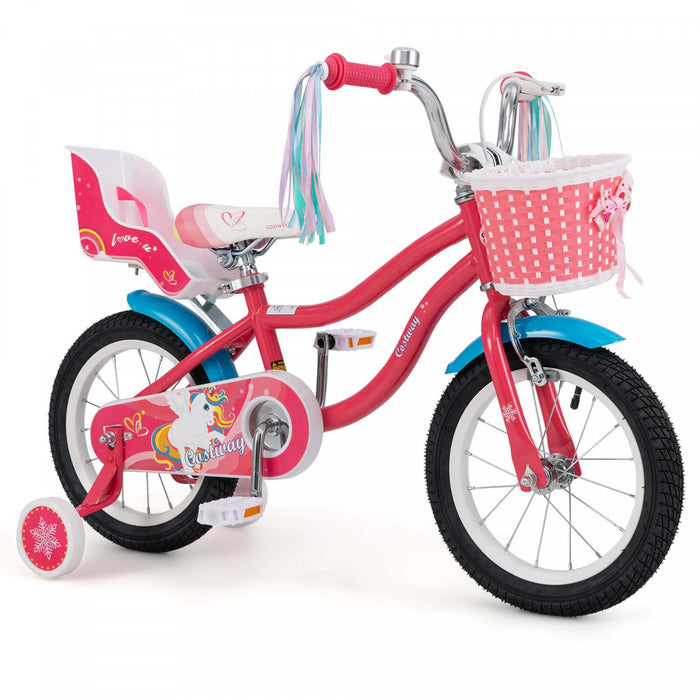 Costway 14 Pouces Enfants Velo Avec Panier Poupee Siege & Streamers Colores 2 Roues D'entrainement Rose
