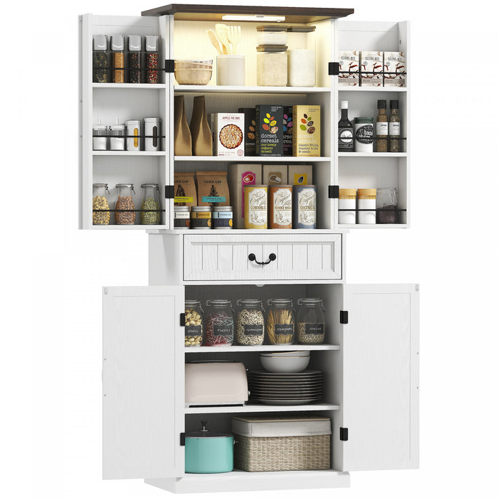 HOMCOM Armoire de cuisine avec eclairage, meuble de rangement, blanc