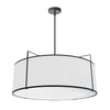Luminaire suspendu Trapezoid de Dainolite avec abat-jour cylindrique noir et blanc qui diffuse la lumière, tissu blanc, fini noir et 4 ampoules