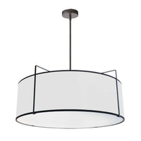 Luminaire suspendu Trapezoid de Dainolite avec abat-jour cylindrique noir et blanc qui diffuse la lumière, tissu blanc, fini noir et 4 ampoules