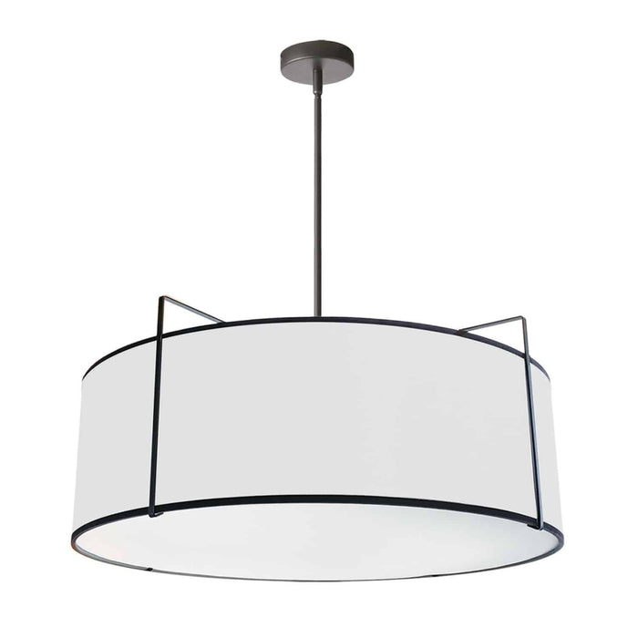 Luminaire suspendu Trapezoid de Dainolite avec abat-jour cylindrique noir et blanc qui diffuse la lumière, tissu blanc, fini noir et 4 ampoules