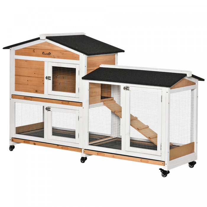 Pawhut 62\" Clapier A Lapin En Bois, Cage A Lapin Avec Roues, Boite De Course, Plateau, Rampe Pour Petits Animaux, Cochon D'inde, Utilisation Interieure Et Exterieure, Jaune