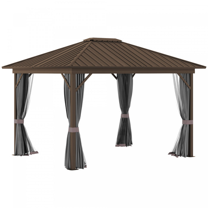 Outsunny 10 'x 12' Tonnelle D'exterieur A Toit Rigide En Metal Avec Cadre En Aluminium, Filets En Maille, Rideaux Et Espace Interieur Spacieux, Gris