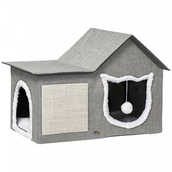 Lit Pour Chat Pawhut D'interieur, Grande Maison Pour Chat Avec Coussin Moelleux, Griffoir, Balle Suspendue, Niche Pour Chaton Avec Entree Double, Gris