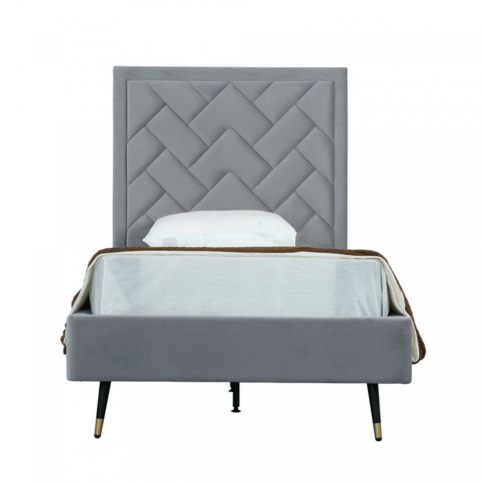Lit simple moderne Crosby en velours capitonne gris