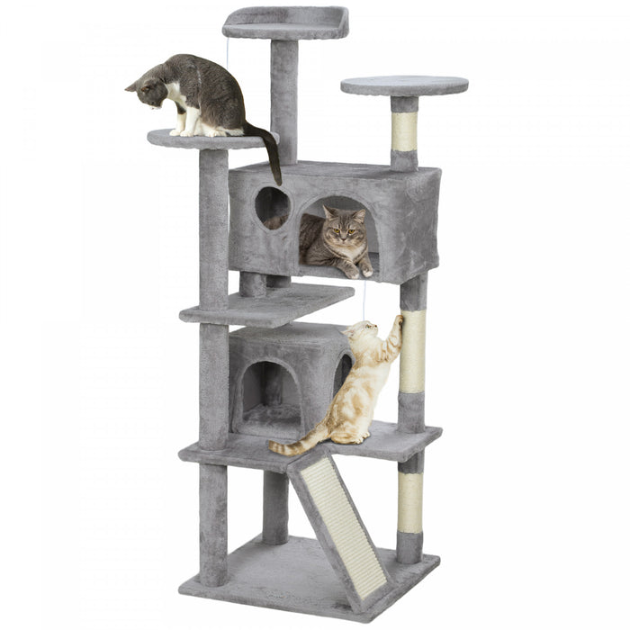 Pawhut Arbre A Chat De 54\" Tour A Chat Pour Chats D'interieur Avec Griffoirs, Condos Pour Chats, Lit, Plates-formes, Rampe, Balle Jouet, Centre D'activites Pour Chat, Gris Clair