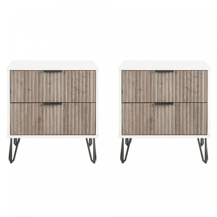 Table de nuit moderne Dumbo 20\" a cannelures, gris rustique et blanc (2 tiroirs) - Lot de 2