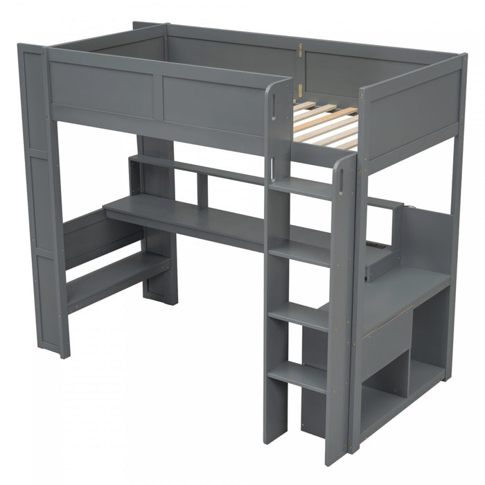 Jackson – Lit Mezzanine Simple En Bois Massif Avec Bureau, Etageres De Rangement, Eclairage Del Et Station De Recharge – Gris Fonce