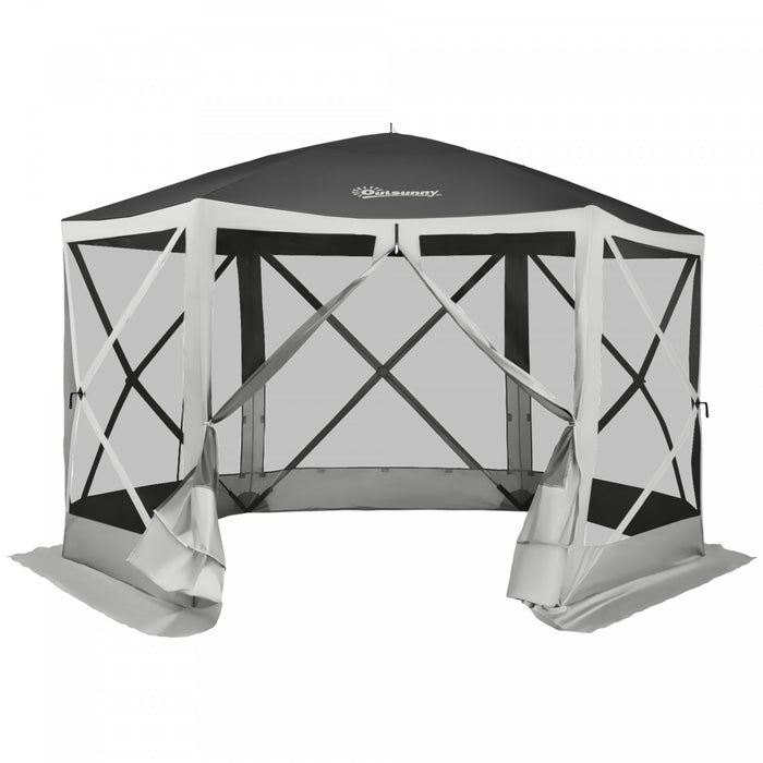 Outsunny 12' X 12' Tente Pop-up Hexagonale Abri Camping Pique-nique Auvent Pare-soleil Exterieur Avec Parois Laterales En Maille Et Sac De Transport Gris