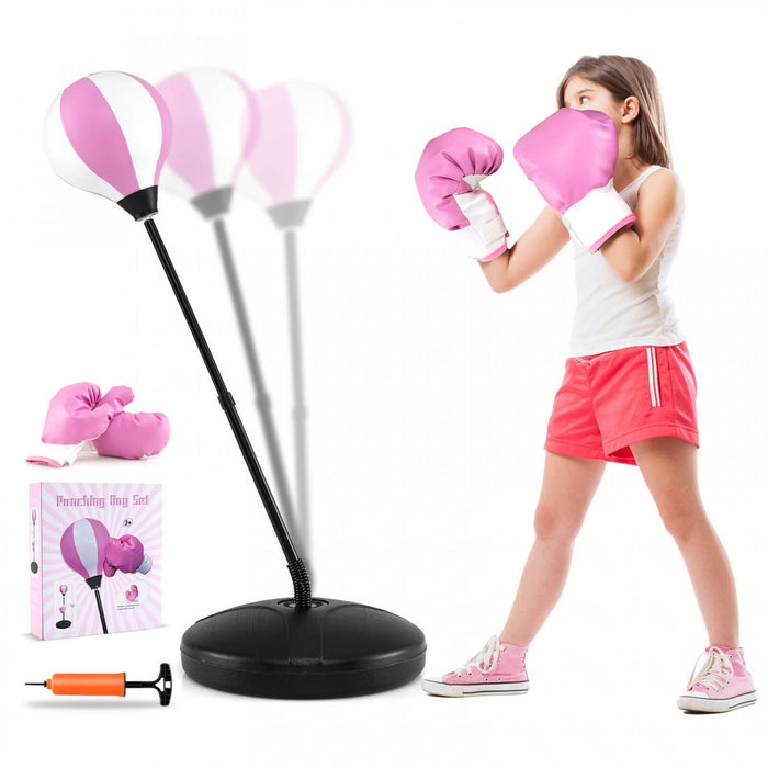 Costway Enfants Sac De Poinconnage Jeu De Jouet Reglable Stand Gants De Boxe Vitesse Boule Avec Pompe Rose