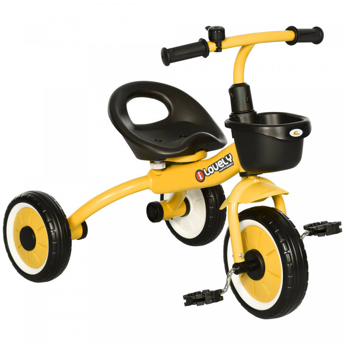 Qaba Tricycle Pour Tout-petits Et Filles Garcons De 2 A 5 Ans, Velo Avec Siege Reglable, Panier, Cloche, Jaune