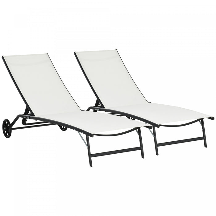 Outsunny Lot De 2 Chaise Longue, Chaises De Piscine Avec Deux Roues, Creme