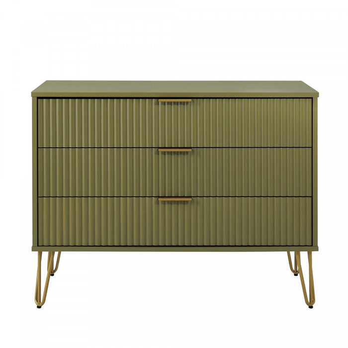 Commode moderne Dumbo 35\" a cannelures, vert olive (3 tiroirs)