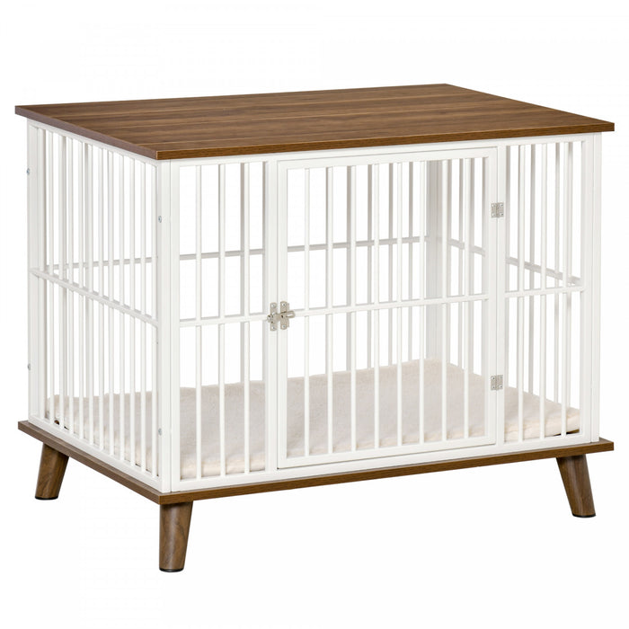 Pawhut Cage Pour Chien Moyens Animaux Avec Coussin Amovible Lavable Porte Verrouillable Avec Loquet Acier Panneaux De Particules Blanc Marron