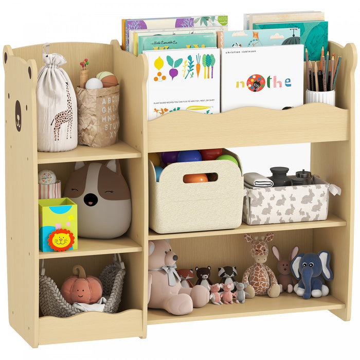 Qaba Bibliotheque et Organisateur de Jouets pour Enfants, Bibliotheque Montessori 3 Niveaux avec Design Ours, Organisateur de Jouets avec Presentoir Ouvert pour Chambre d'Enfant