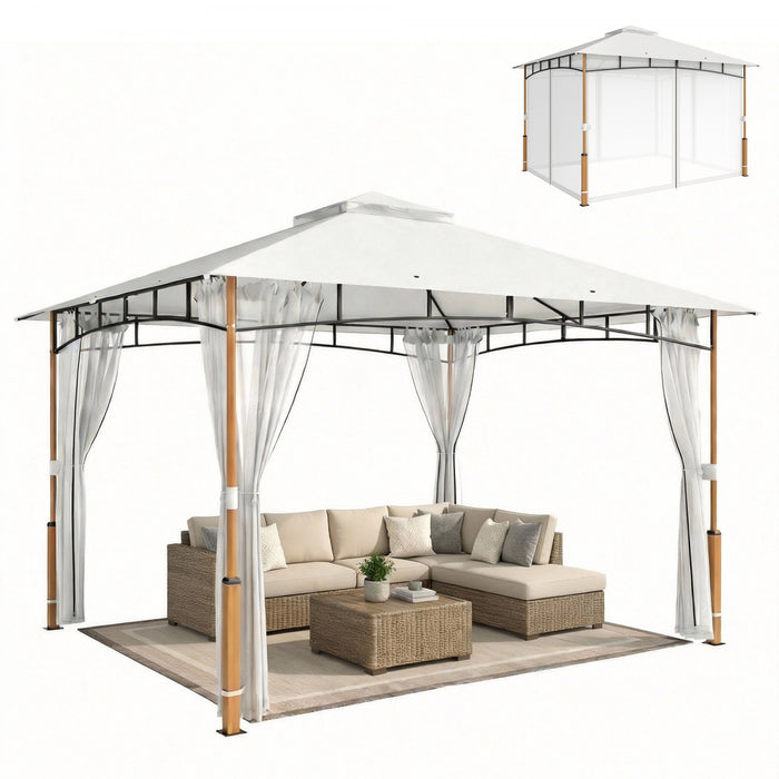 Outsunny Tonnelle de Patio 3,6 x 3 m, Double Toit avec Moustiquaire, Blanc Creme