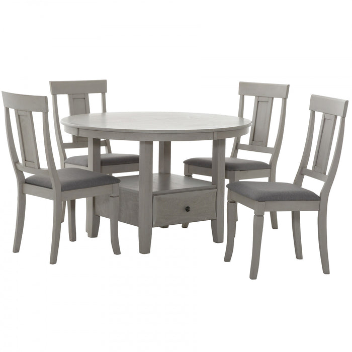 Ensemble de salle a manger rond Prescott 5 pieces avec base sur piedestal et tiroir de rangement, gris (4 places)