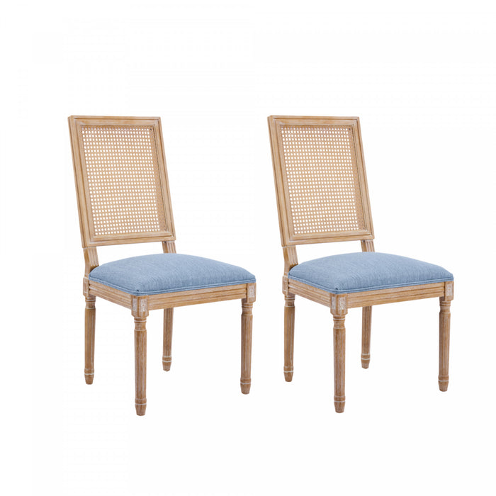Oliver lot de 2 chaises de salle a manger en bois massif (hevea) avec assise rembourree, dossier en cannage et pieds canneles, bleu