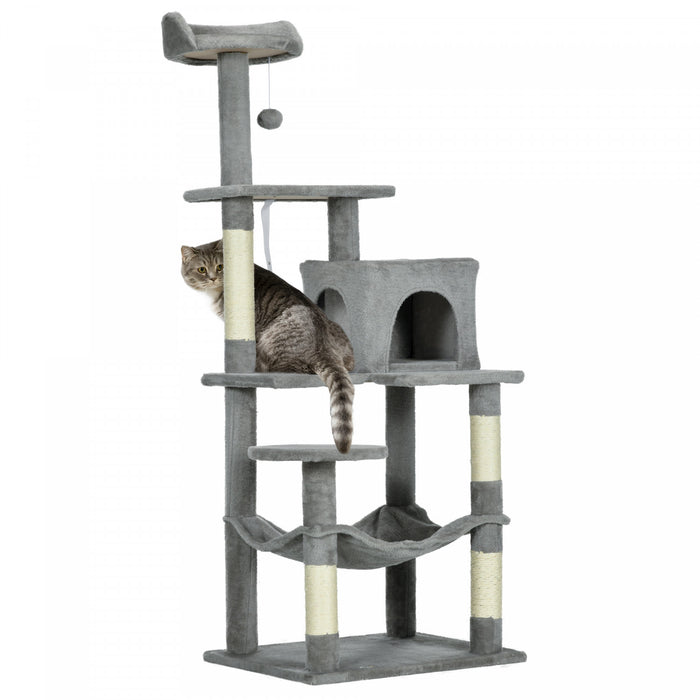 Pawhut Grand Arbre A Chat, Tour A Plusieurs Niveaux De 57\" Avec Hamac, Lit Pour Chat, Niche Pour Chat Avec Griffoirs En Sisal, Gris