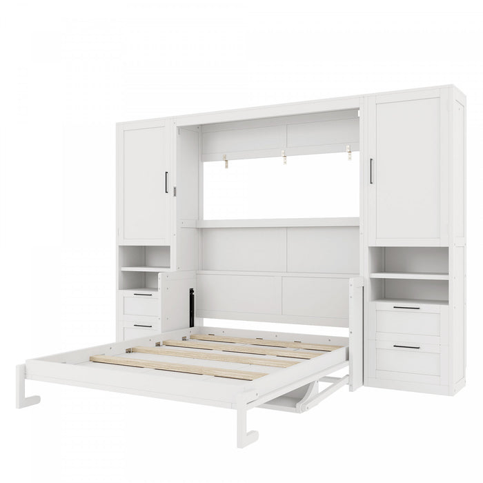 Maria Lit escamotable Murphy avec tiroirs et etageres, Taille Queen, Blanc