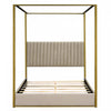 Lit plateforme Sophia a baldaquin avec tete de lit en mousse et velours, taille queen, beige