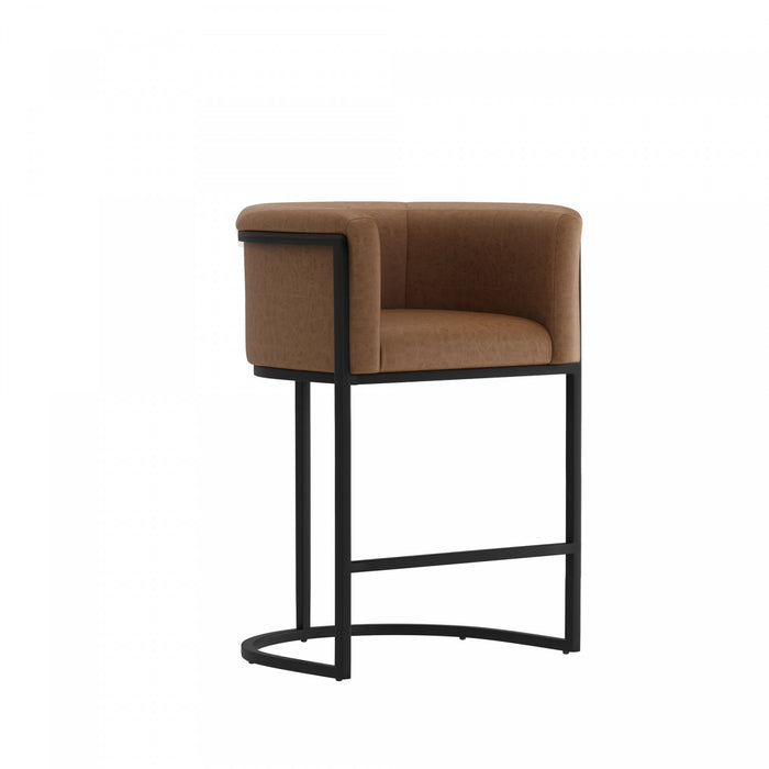 Tabouret de comptoir moderne du milieu du siecle en metal et tissu, finition chataigne