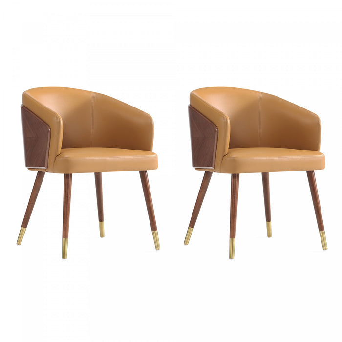 Chaise de salle a manger moderne en bois et cuir vegetalien Reeva couleur camel - Lot de 2