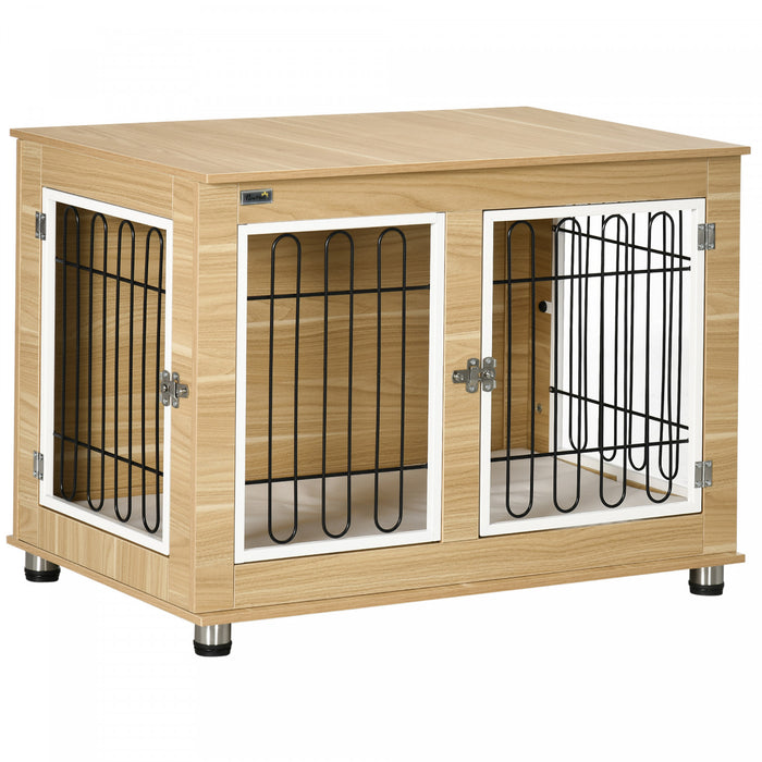 Pawhut Table D'appoint Pour Animal Domestique Avec Coussin Moelleux, Meubles De Cage Pour Chien A Double Porte Pour Chiens De Taille Moyenne, Chenil En Fil De Bois Pour Une Utilisation En Interieur