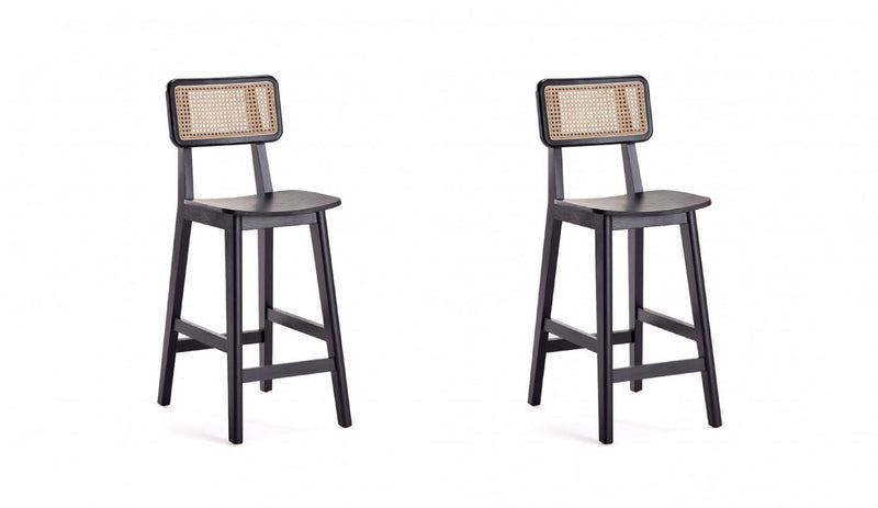 Tabouret de comptoir industriel chic Versailles avec dossier en cannage, bois noir et naturel - Lot de 2