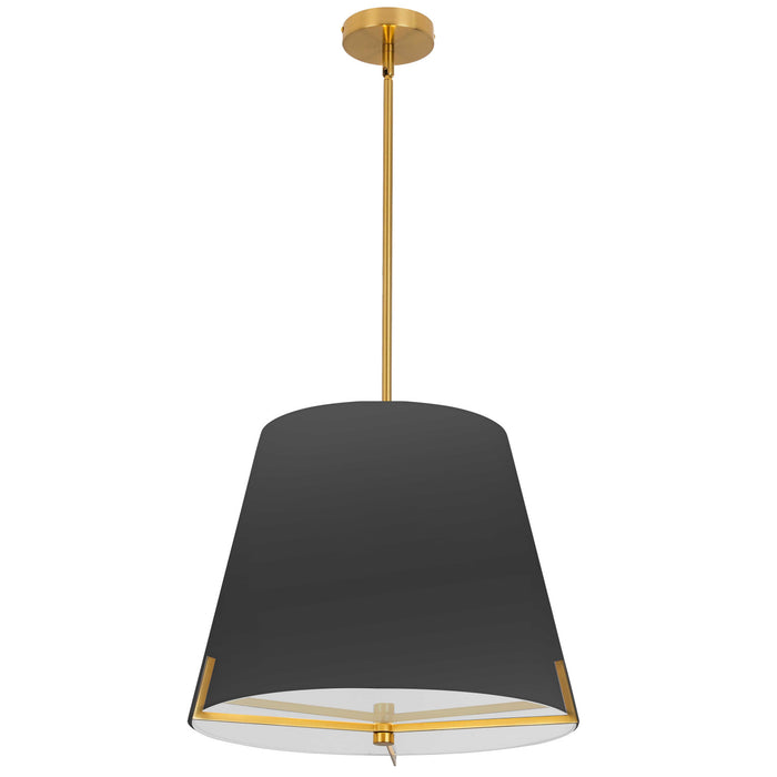 Luminaire suspendu Preston de Dainolite de 19 po de diamètre avec abat-jour en tissu noir, fini laiton vieilli et 4 ampoules