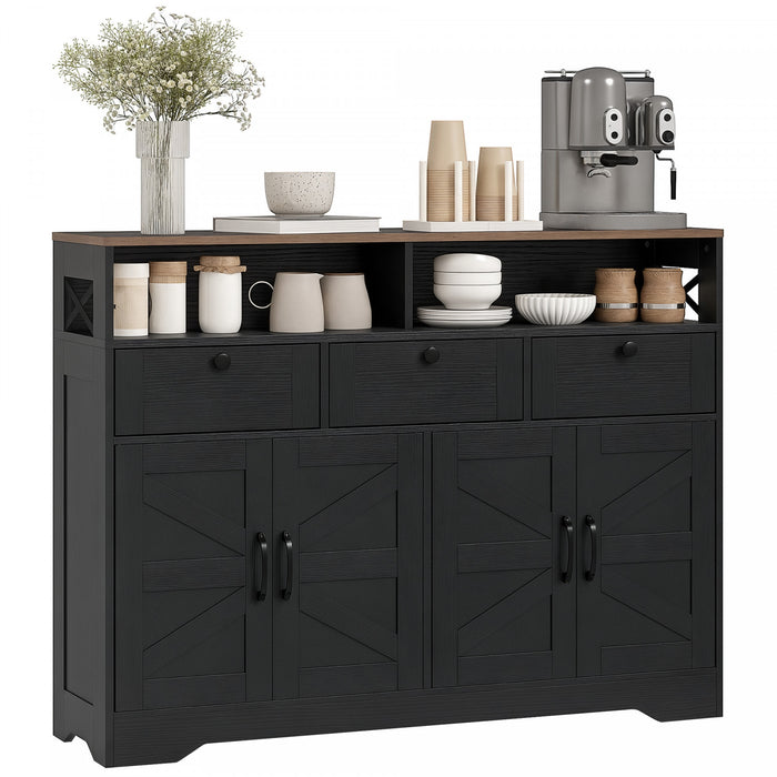 HOMCOM Buffet avec 4 portes de grange et 3 tiroirs, noir