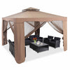 Tonnelle Pavillon De Jardin En Fer Et Polyester, Tente De Reception Avec Moustiquaire Et Toiles Laterales Amovibles Et Impermeables, Tente De Jardin A 4 Cotes 300 X 300 X 200/265 Cm, Beige&brun